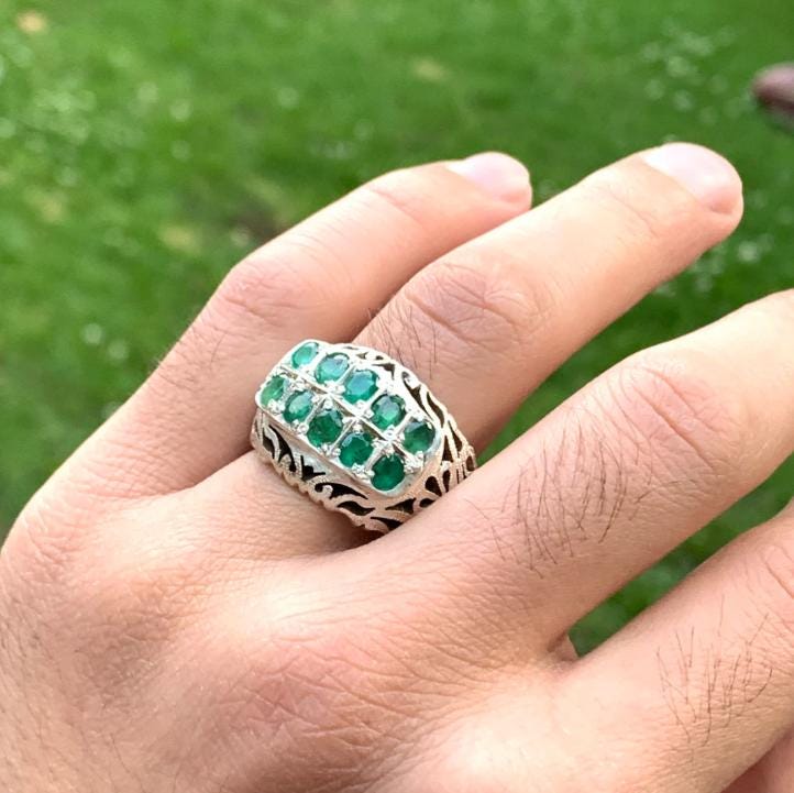 Handcrafted 5 Carats Mens Emerald Ring, Natural Emerald 925 Sterling Silver Ring, Zamurd Ring For Men