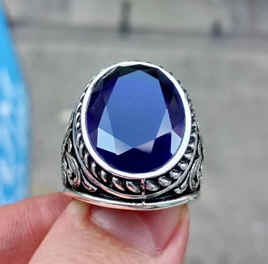 Handcrafted Mens Sapphire Ring, Big Blue Sapphire Ring, Natural Sapphire 925 Sterling Silver Ring, Neelam Ring