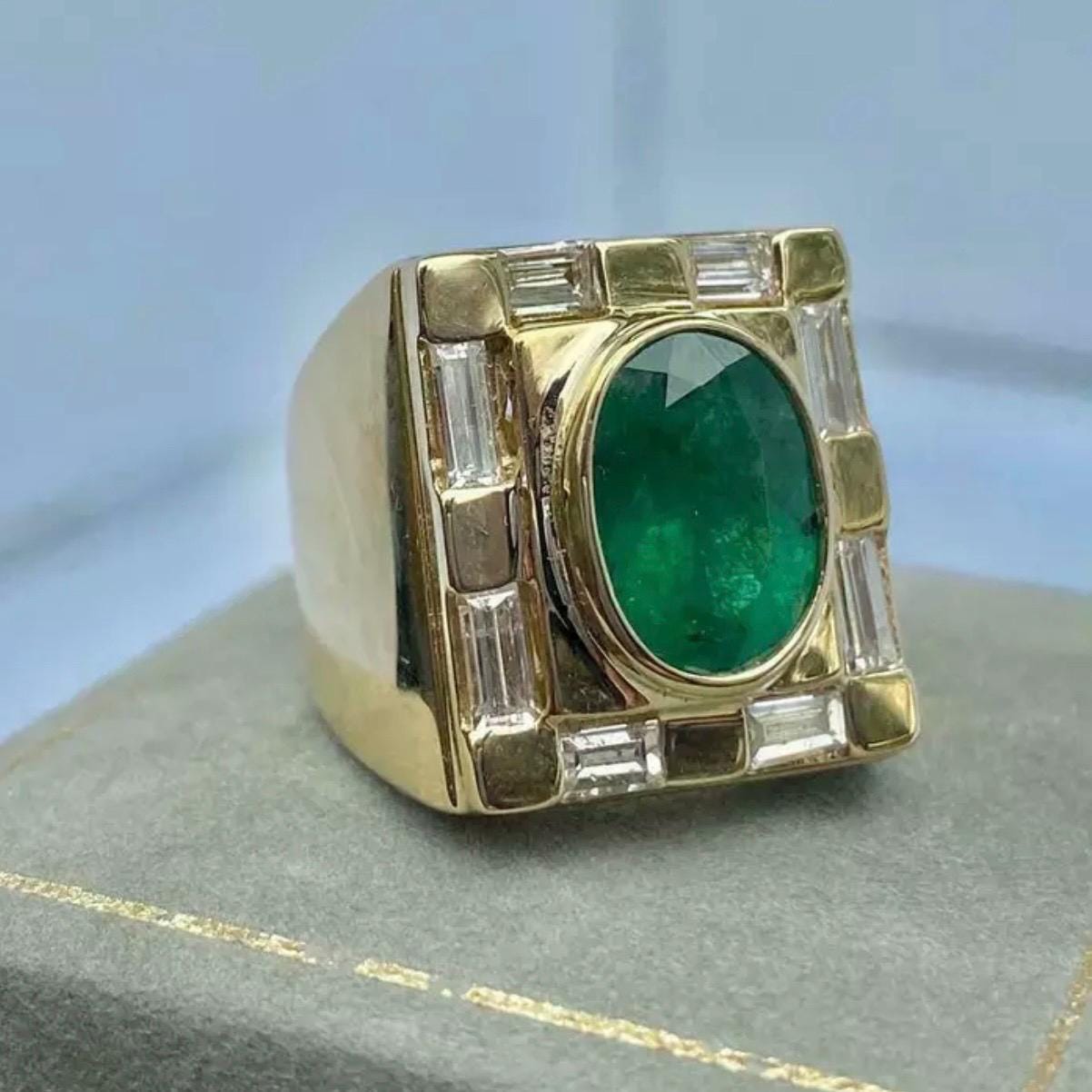 Handcrafted 14k Gold Mens Emerald Ring, Emerald Engagement Ring, Solid Gold Ring For Men