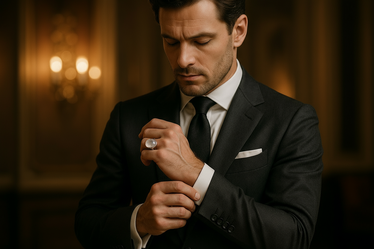 a-well-dressed-man-in-a-tailored-suit-adjusts-his-cuff-while-showing-a-durenajaf stone-ring-on-his-hand-elegant-background-cinematic-depth-of-field-luxury-men-s-fashion-ad-style