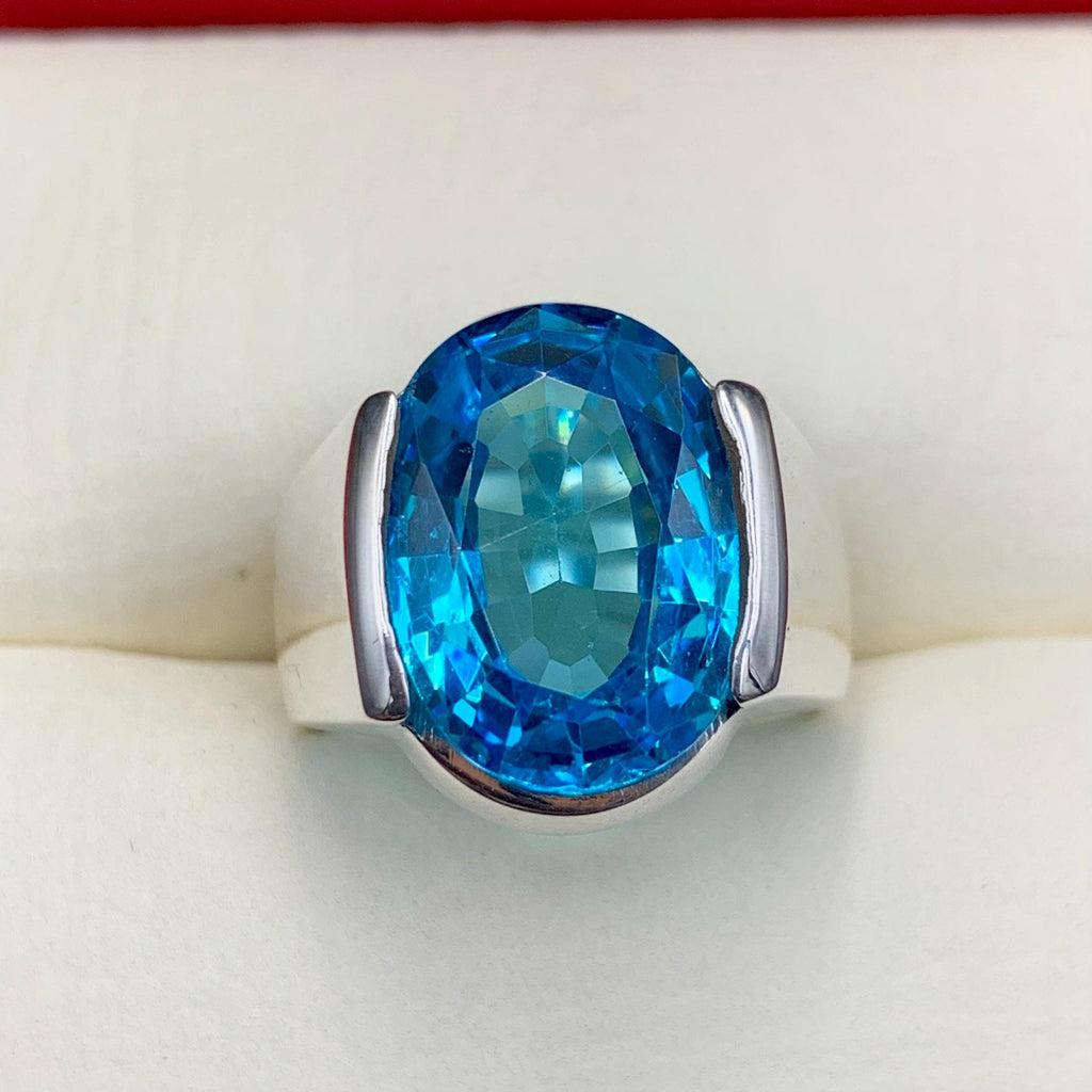 Handcrafted Blue Topaz Ring For Men, 925 Sterling Silver Topaz Stone Ring, Man Made Topaz Ring