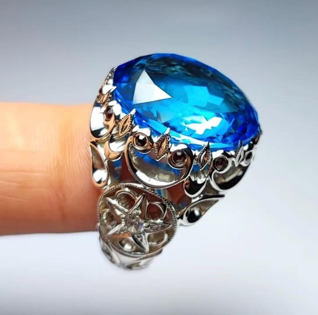 Handcrafted Blue Topaz Ring For Men, 925 Sterling Silver Topaz Stone Ring, Man Made Topaz Ring