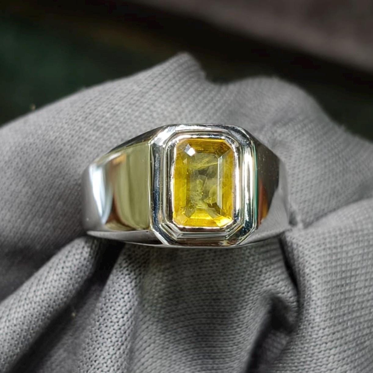Handcrafted Emerald Cut Yellow Sapphire Ring, Mens Sapphire Ring, Natural Sapphire 925 Sterling Silver Ring, Pukhraj Ring