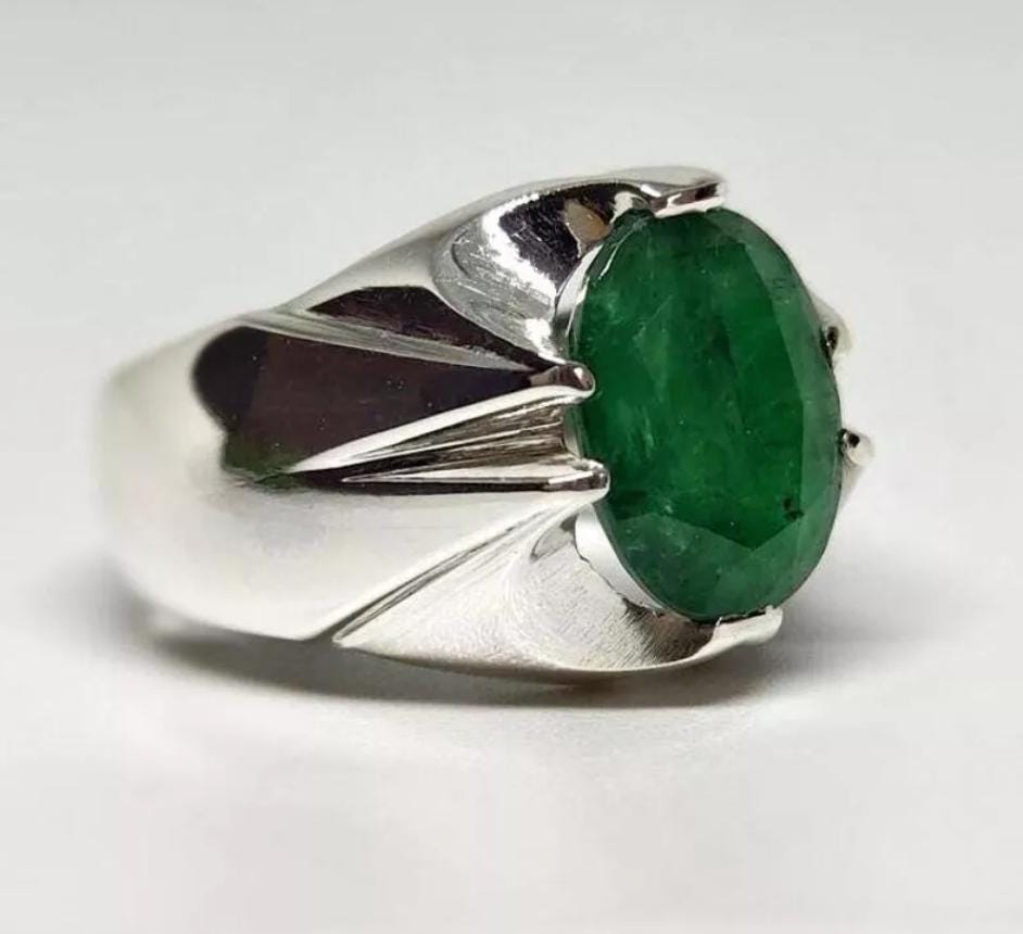 Handcrafted 8 Carats Mens Emerald Ring, Natural Beryl 925 Sterling Silver Ring, Zamurd Ring For Men