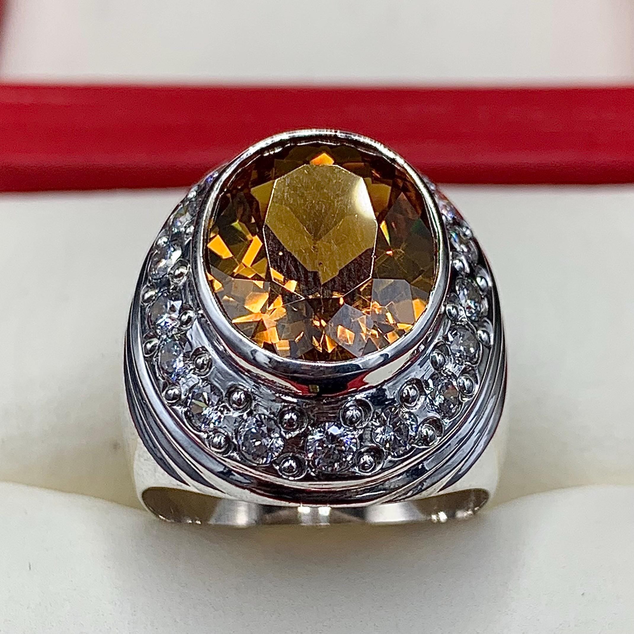 Handcrafted Champagne Topaz Ring For Men, 925 Sterling Silver Topaz Stone Ring, Cubiz Zircon Topaz Ring