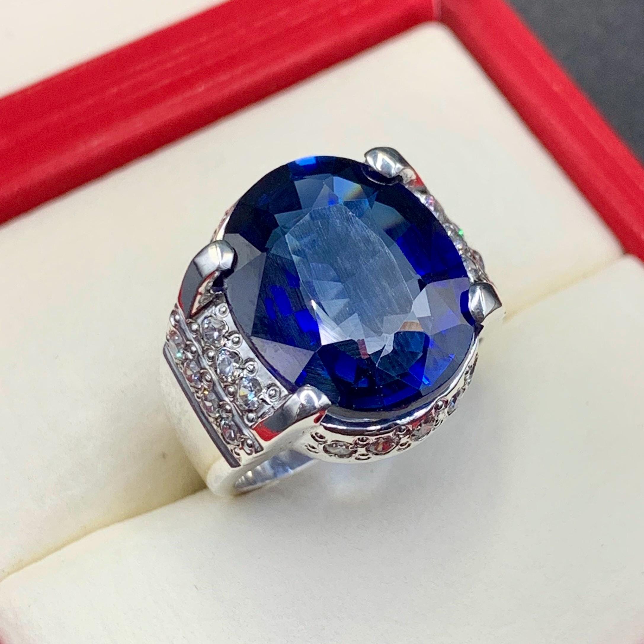 Handcrafted Big Blue Sapphire Ring, Mens Sapphire Ring, Sapphire 925 Sterling Silver Ring, Neelam Ring