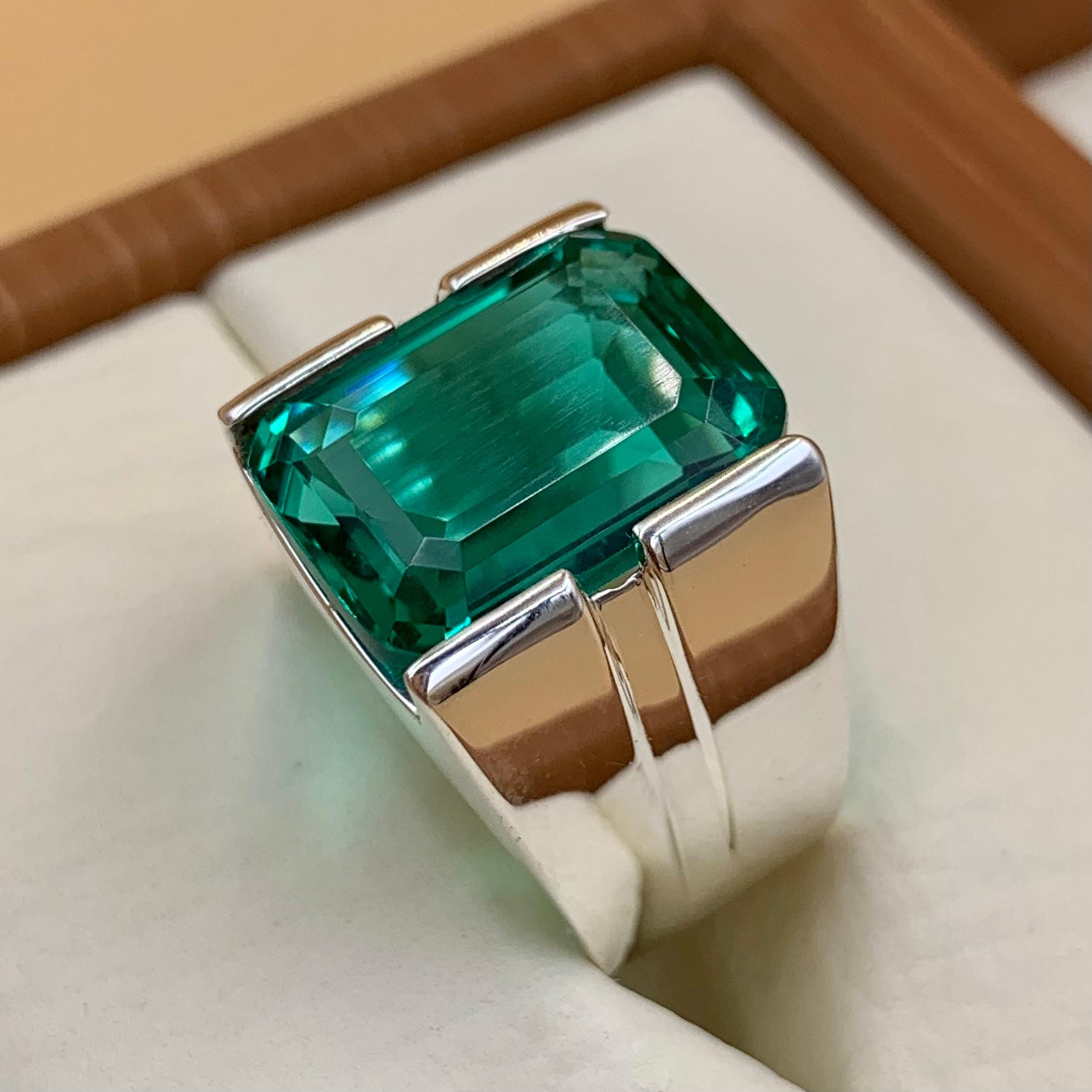 Handcrafted 12 Carat Rich Green Emerald Ring For Men, 925 Sterling Silver Emerald Stone Ring, Emerald Gemstone Ring