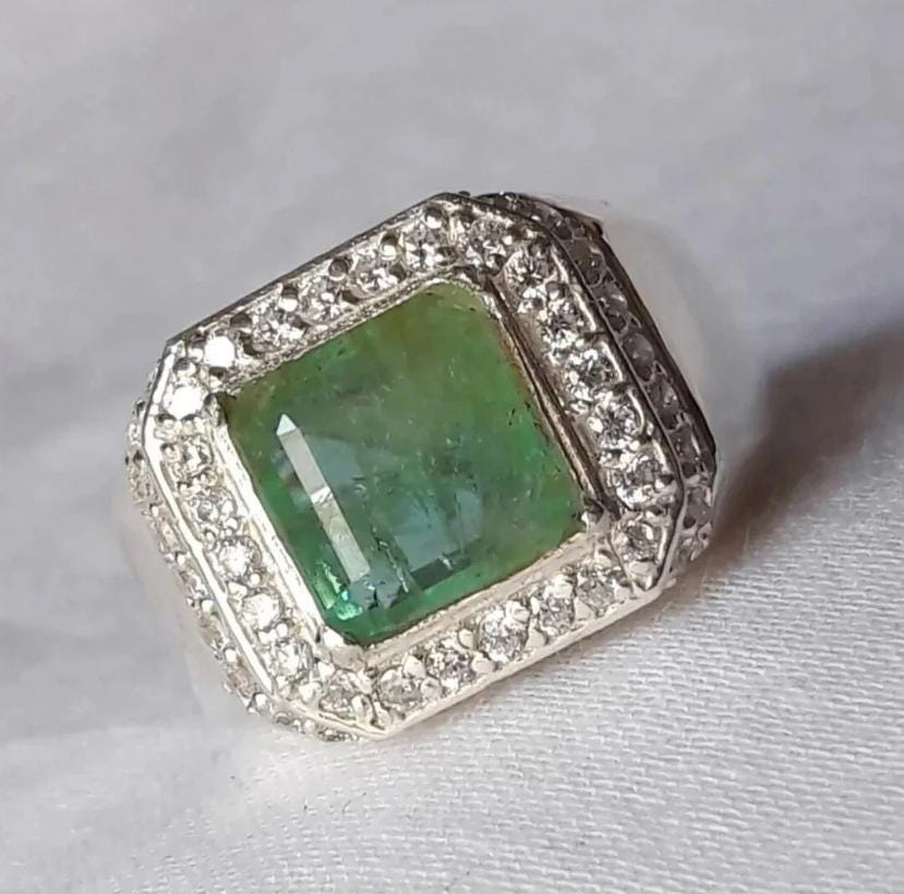 Handcrafted Genuine Green Emerald Men's Ring, 925 Sterling Silver Ring, - Statement Ring, Gift For Christmas