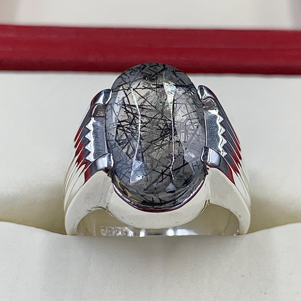 Handcrafted Black Rutilated Quartz 925 Sterling Silver Ring, Natural MuheNajaf Ring For Men, Shia Ring