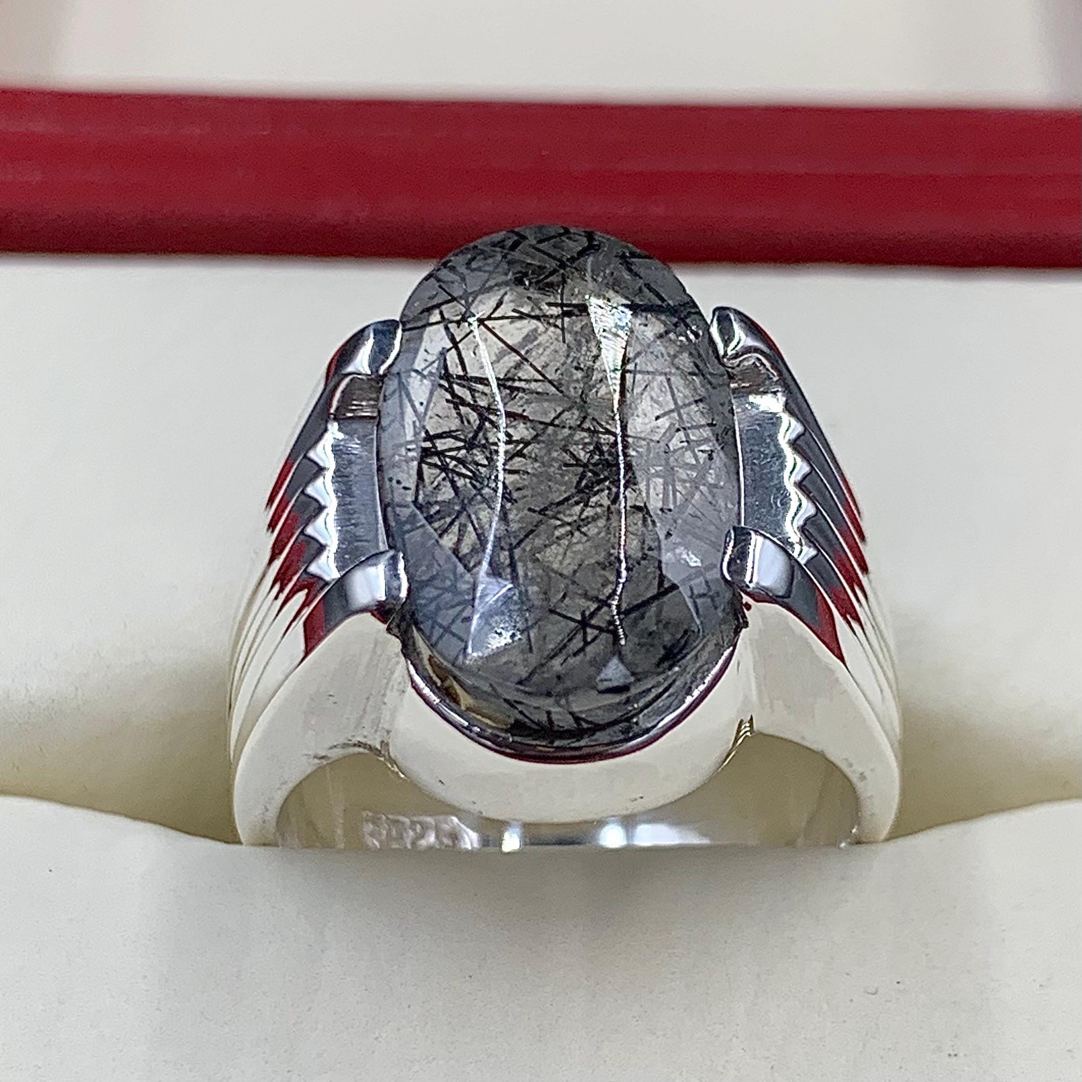 Handcrafted Black Rutilated Quartz 925 Sterling Silver Ring, Natural MuheNajaf Ring For Men, Shia Ring