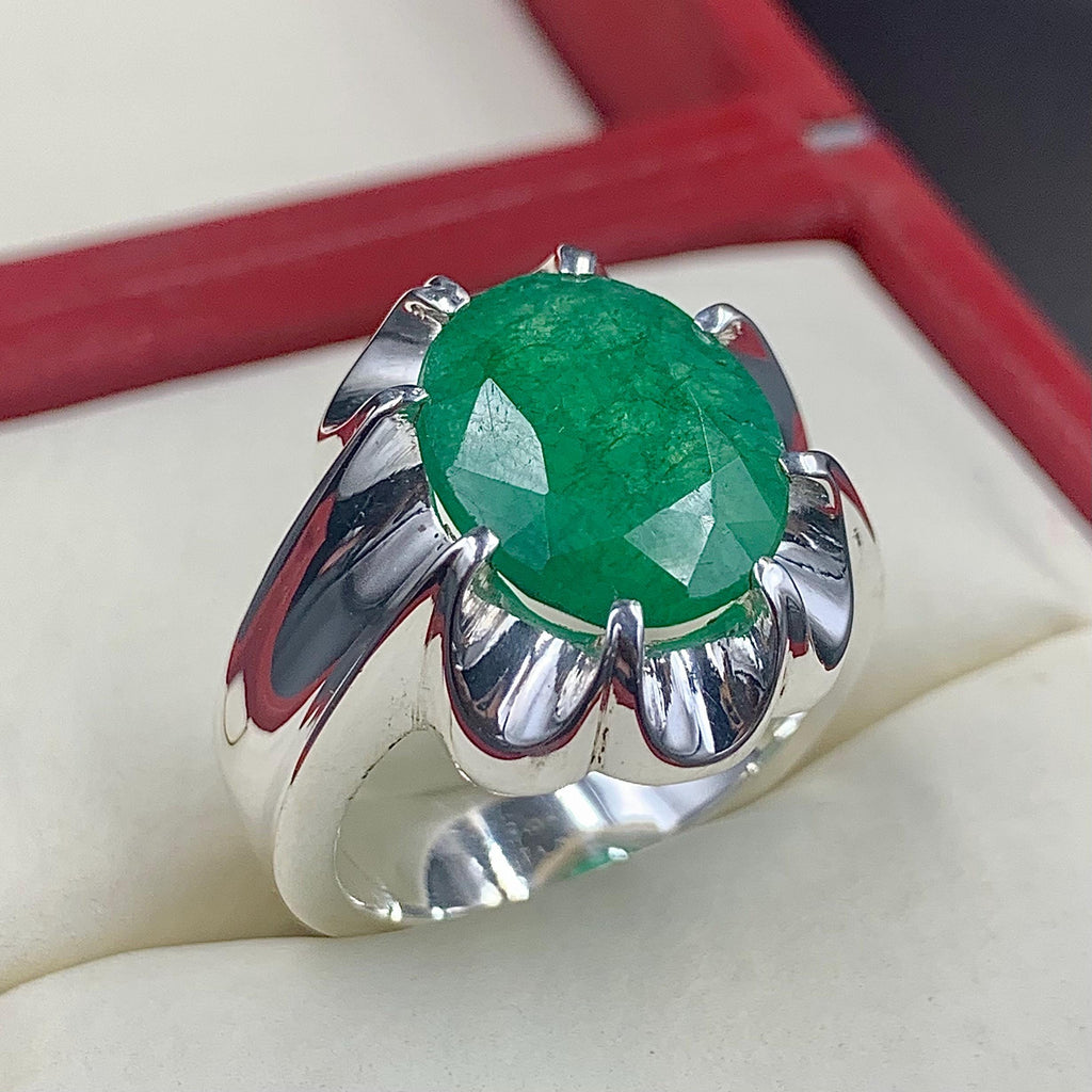 Handcrafted 12 Carats Mens Emerald Ring, Natural Beryl 925 Sterling Silver Ring, Zamurd Ring For Men