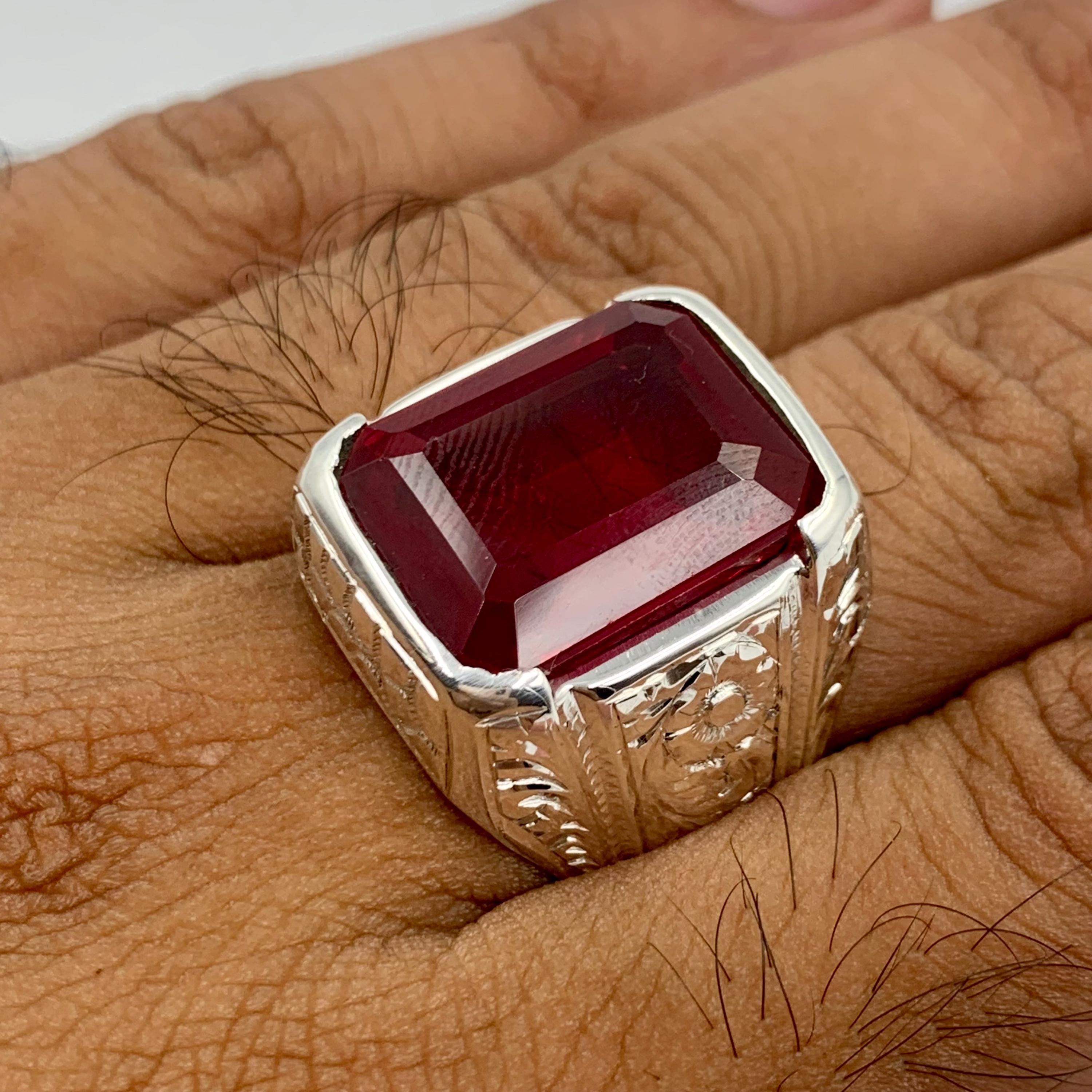 Handcrafted Big Deep Red Ruby Mens Ring Sterling Silver 925 Anari Yaqoot Ring Roby Gemstone Ring