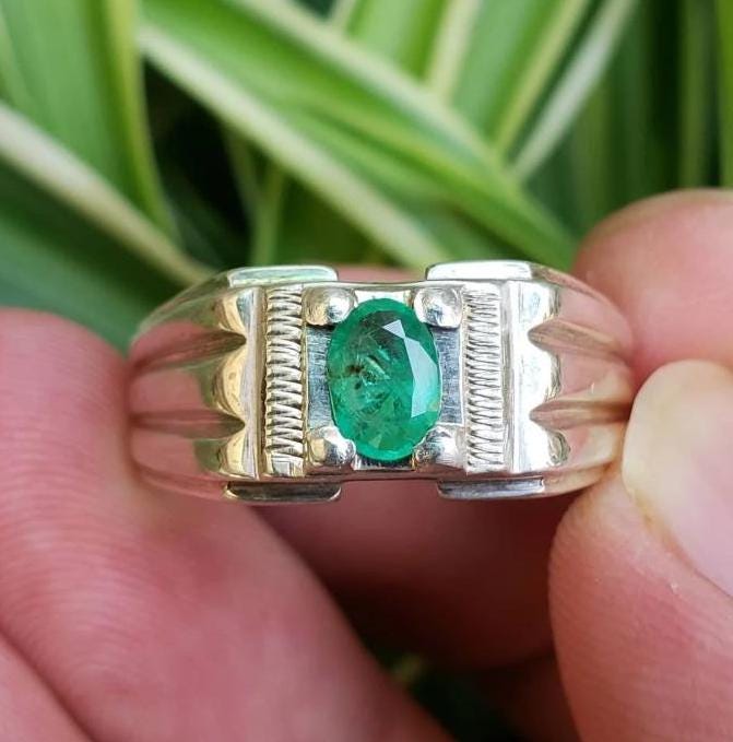 Handcrafted Mens Emerald Ring, Natural Emerald 925 Sterling Silver Ring, Zamurd Ring For Men