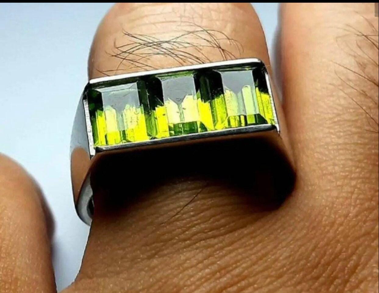 Handcrafted Emerald Cut Natural Peridot Ring For Men, Green Peridot Ring With 925 Sterling Silver