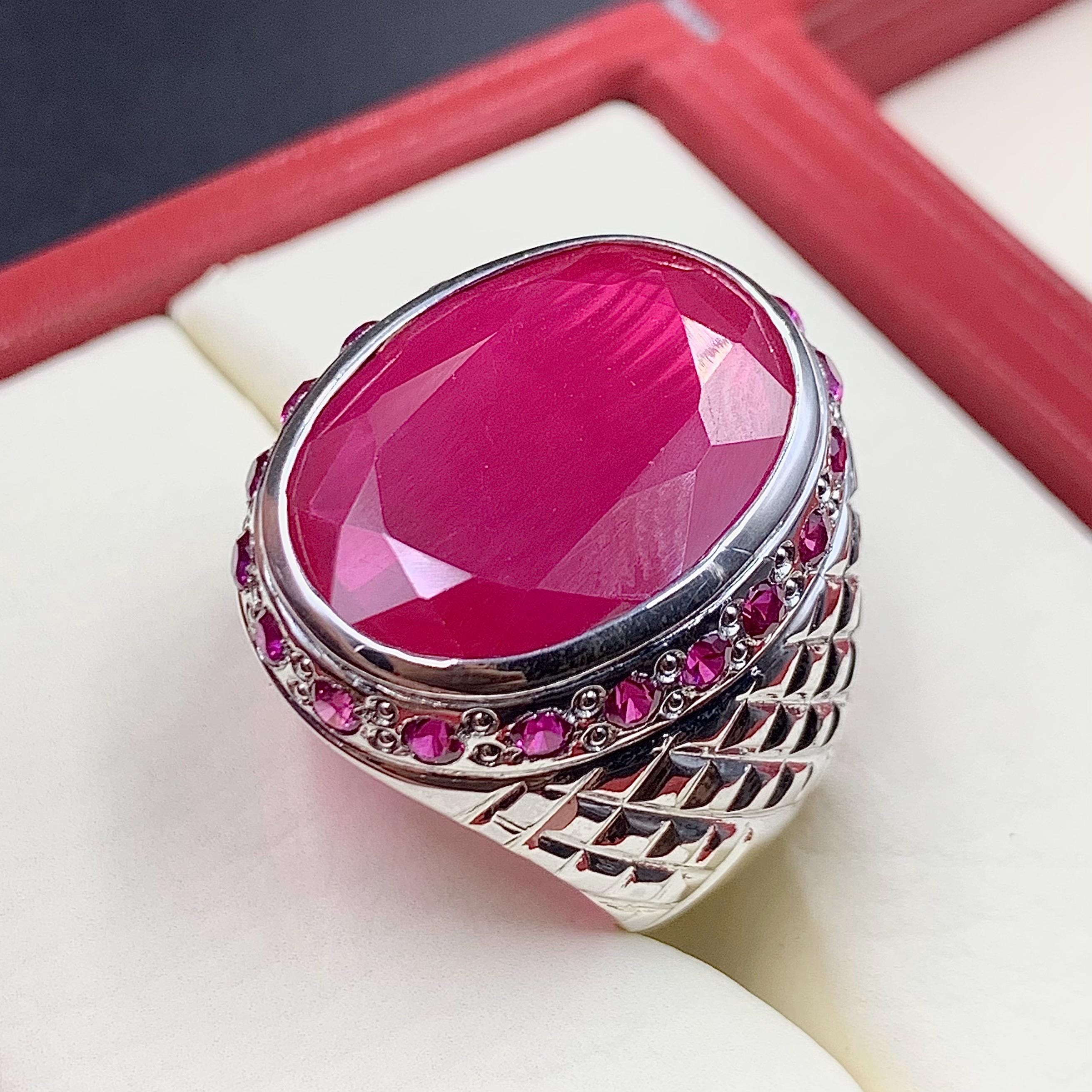 Handcrafted Big Deep Red Ruby Mens Ring Sterling Silver 925 Anari Yaqoot Ring Roby Gemstone Ring