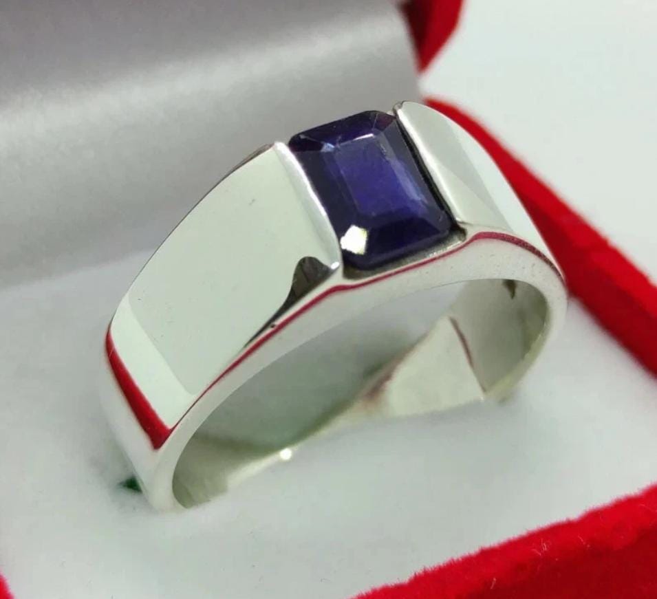 Handcrafted 4 Carats Emerald Cut Sapphire Ring, Blue Sapphire Ring, Natural Sapphire 925 Sterling Silver Ring, Neelam Ring