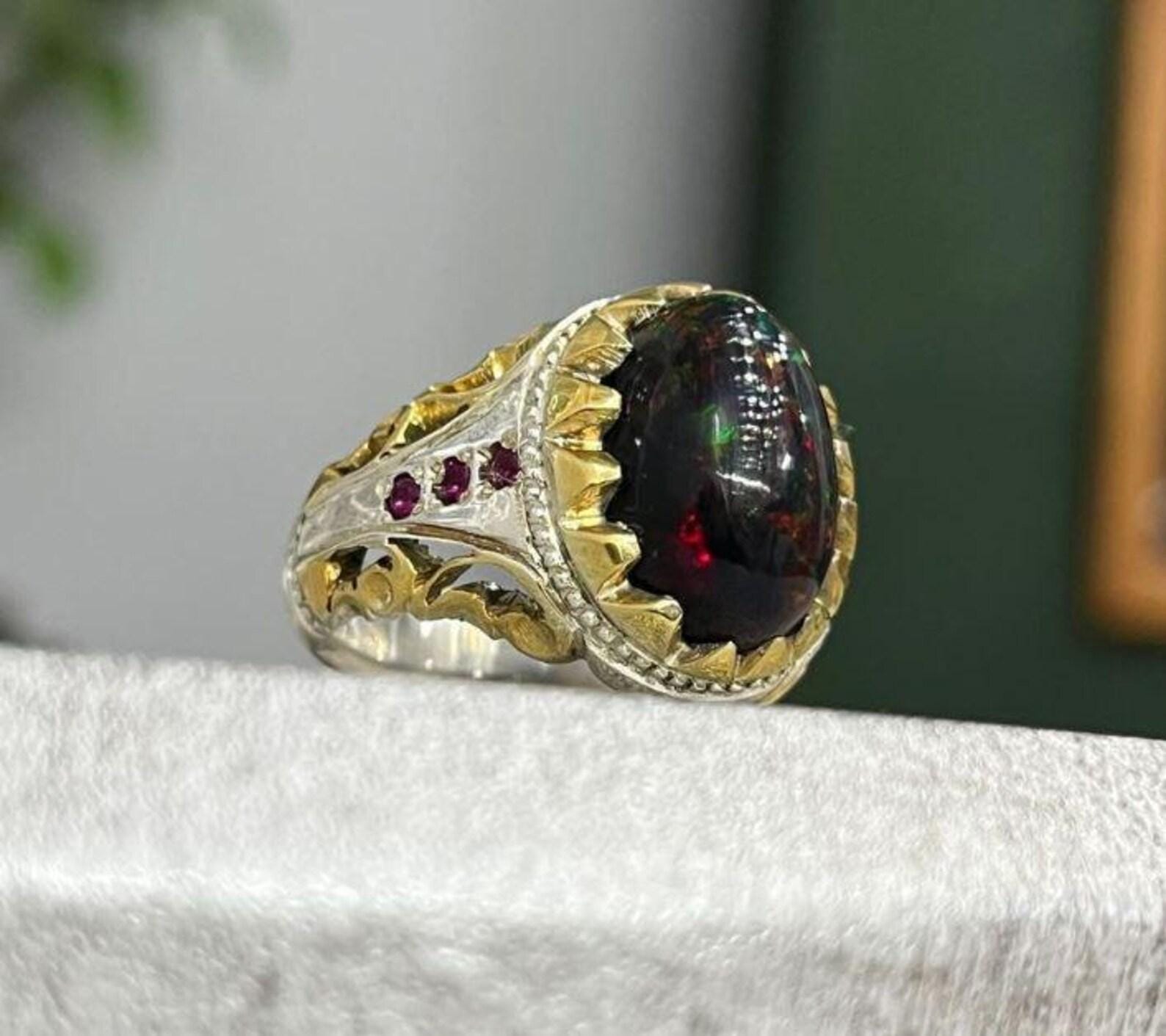 Handcrafted Gold Plated Natural Ethiopian Fire Black Opal Stone Sterling Silver Ring AAA Quality Opal Ring
