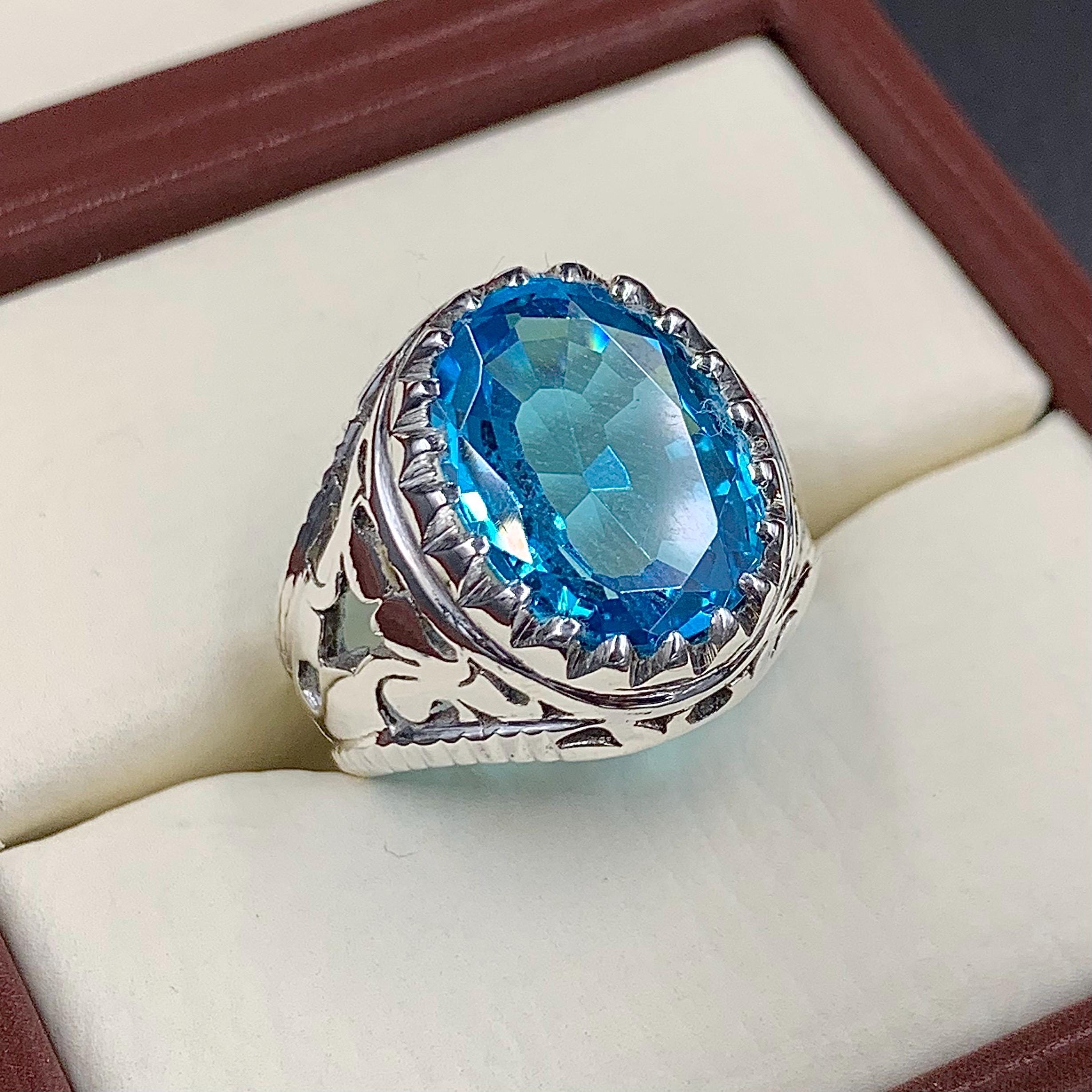 Handcrafted Blue Topaz Ring For Men, 925 Sterling Silver Topaz Stone Ring, Man Made Topaz Ring