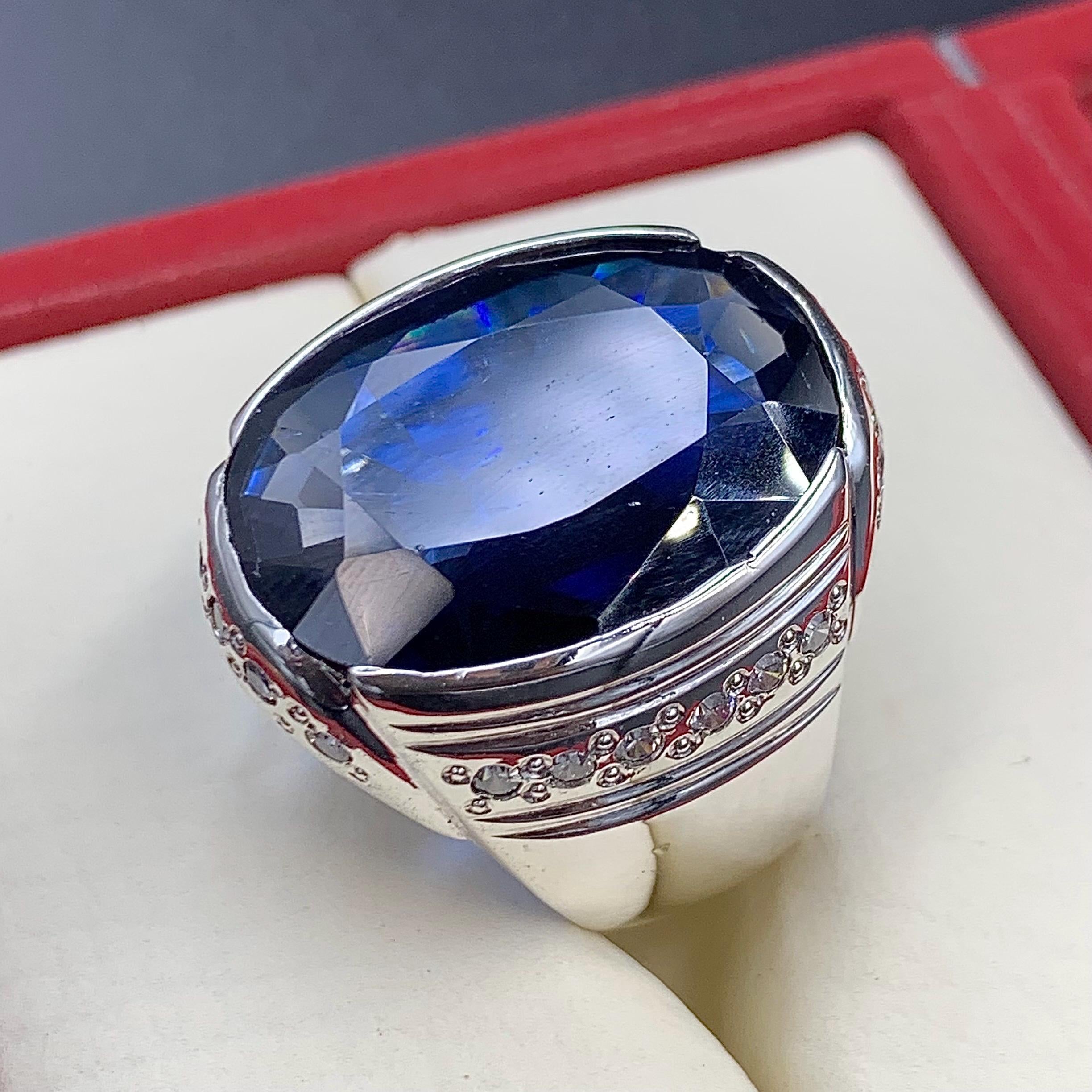 Handcrafted Big Blue Sapphire Ring, Mens Sapphire Ring, Sapphire 925 Sterling Silver Ring, Neelam Ring