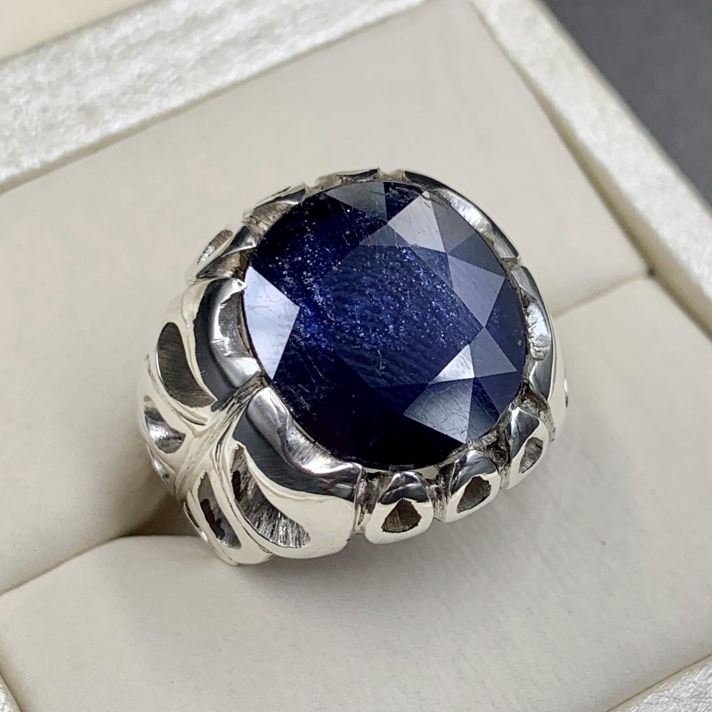 Handcrafted 15 Carats Blue Sapphire Ring, Mens Sapphire Ring, Natural Sapphire 925 Sterling Silver Ring, Neelam Ring