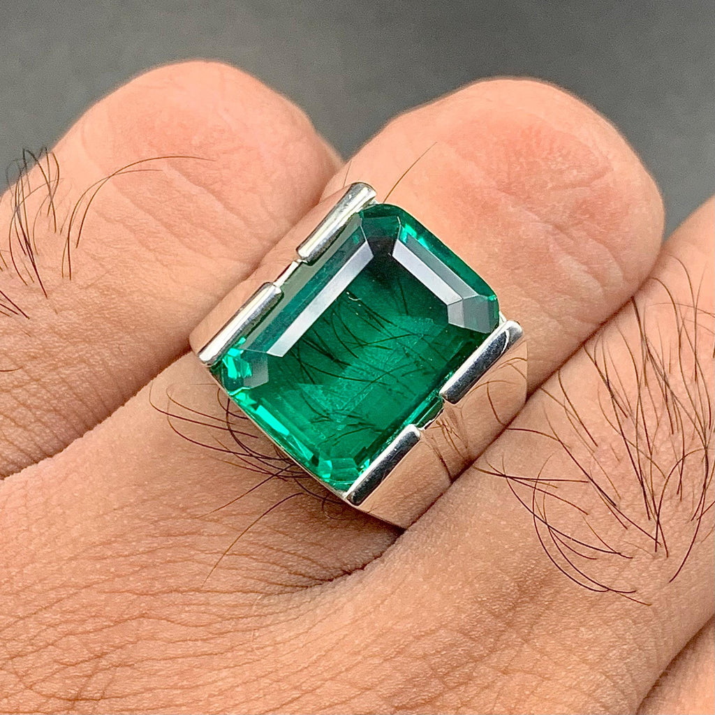 Handcrafted 12 Carat Rich Green Emerald Ring For Men, 925 Sterling Silver Emerald Stone Ring, Emerald Gemstone Ring