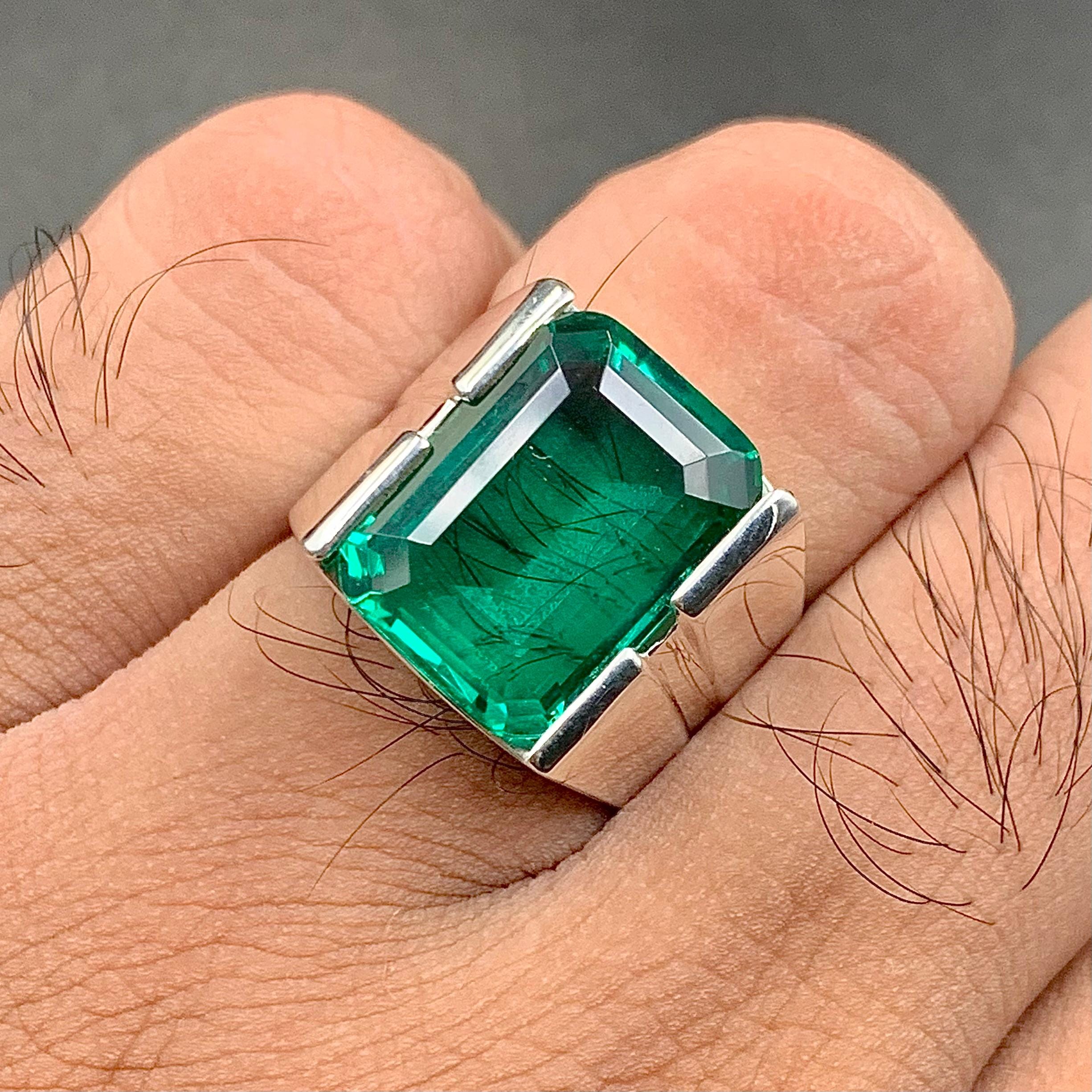 Handcrafted 12 Carat Rich Green Emerald Ring For Men, 925 Sterling Silver Emerald Stone Ring, Emerald Gemstone Ring