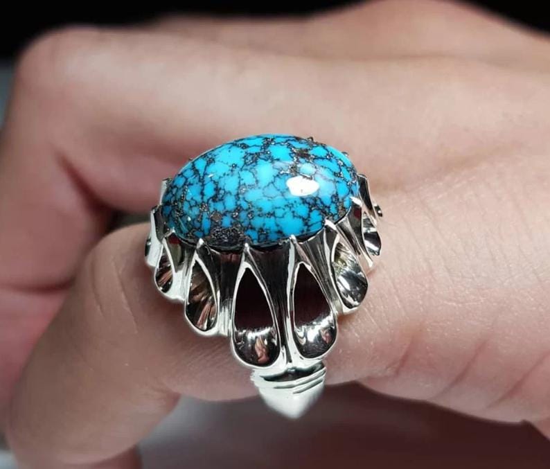 Handcrafted Big Turquoise Ring, 925 Sterling Silver For Men, Natural Shajri Feroza Ring, Shia Ring