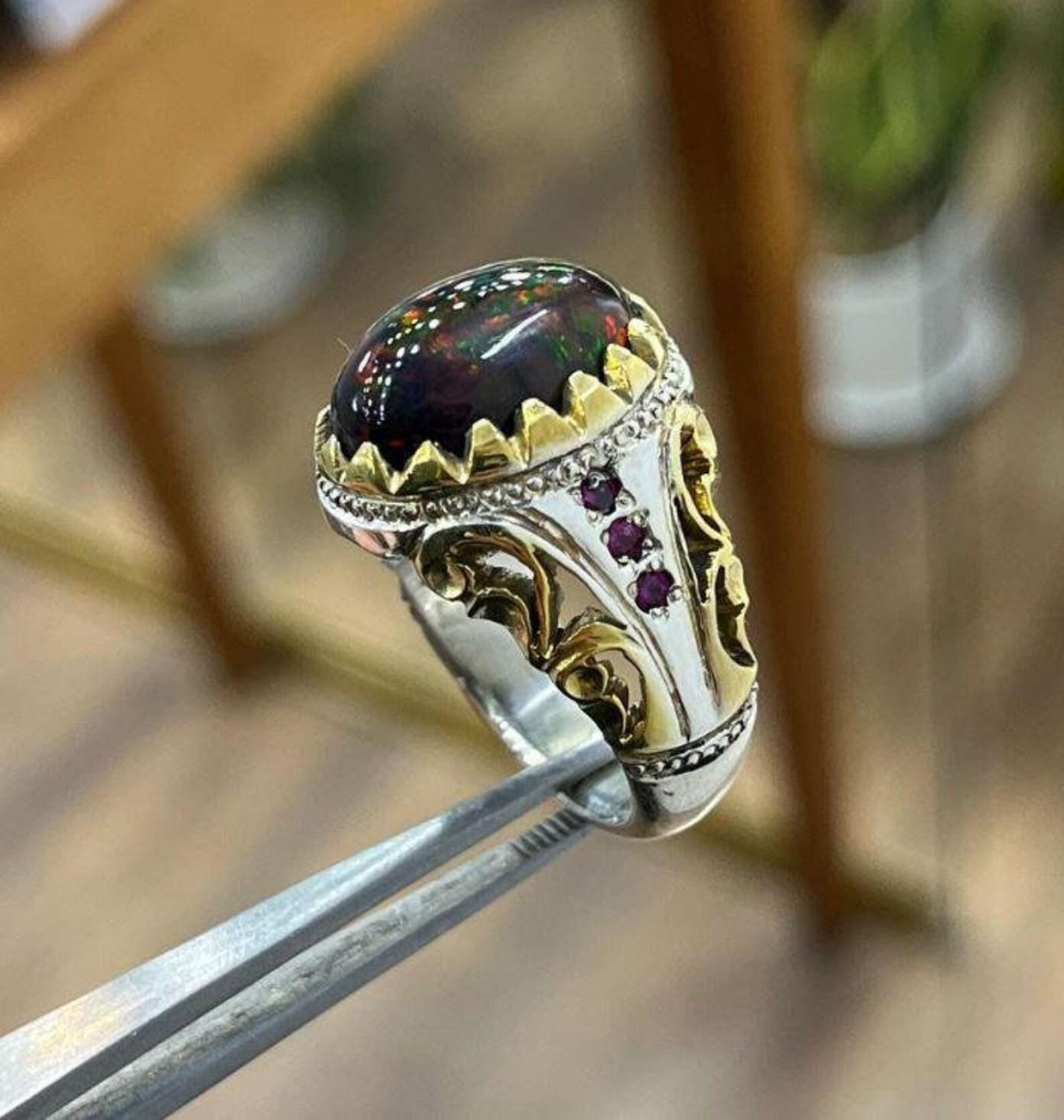 Handcrafted Gold Plated Natural Ethiopian Fire Black Opal Stone Sterling Silver Ring AAA Quality Opal Ring