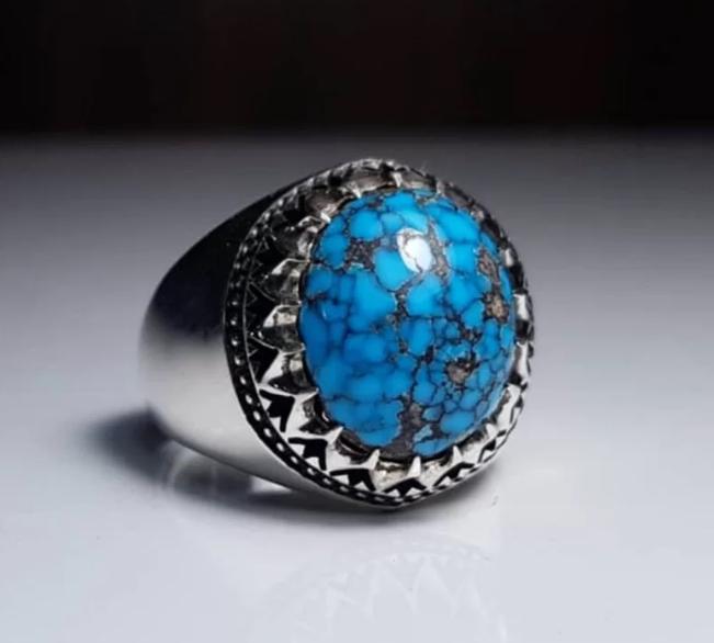 Handcrafted 15 Carats Turquoise Ring, 925 Sterling Silver For Men, Natural Shajri Feroza Ring, Shia Ring
