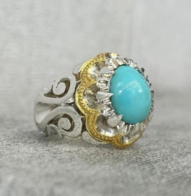 Handcrafted Men Turquoise Ring, 925 Sterling Silver For Men, Natural Feroza Ring, Shia Ring