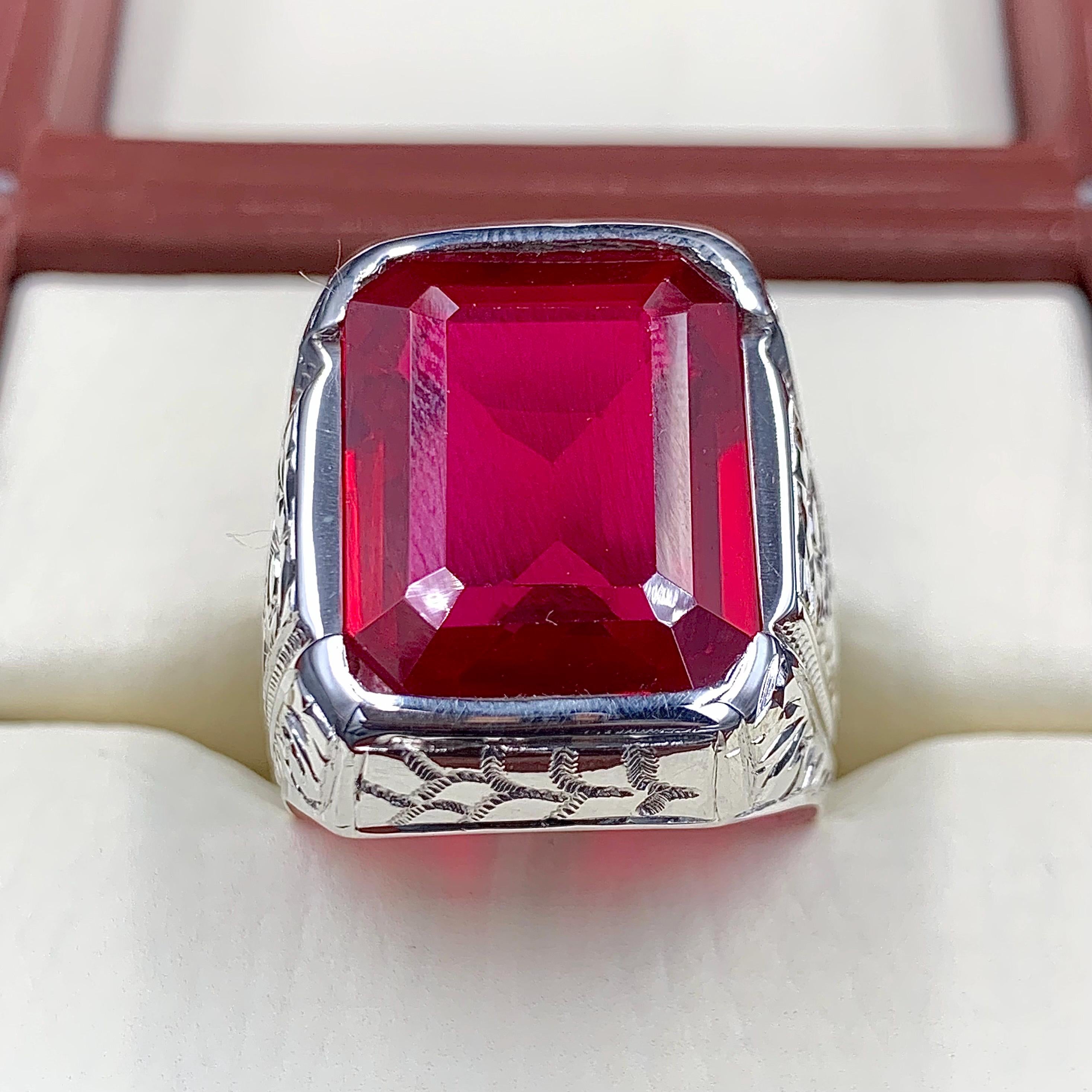 Handcrafted Emerald Cut Red Ruby Mens Ring Sterling Silver 925 Anari Yaqoot Ring Roby Gemstone Ring