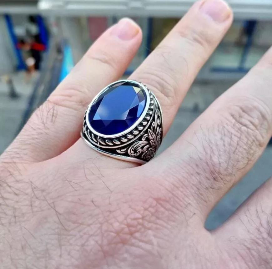 Handcrafted Mens Sapphire Ring, Big Blue Sapphire Ring, Natural Sapphire 925 Sterling Silver Ring, Neelam Ring