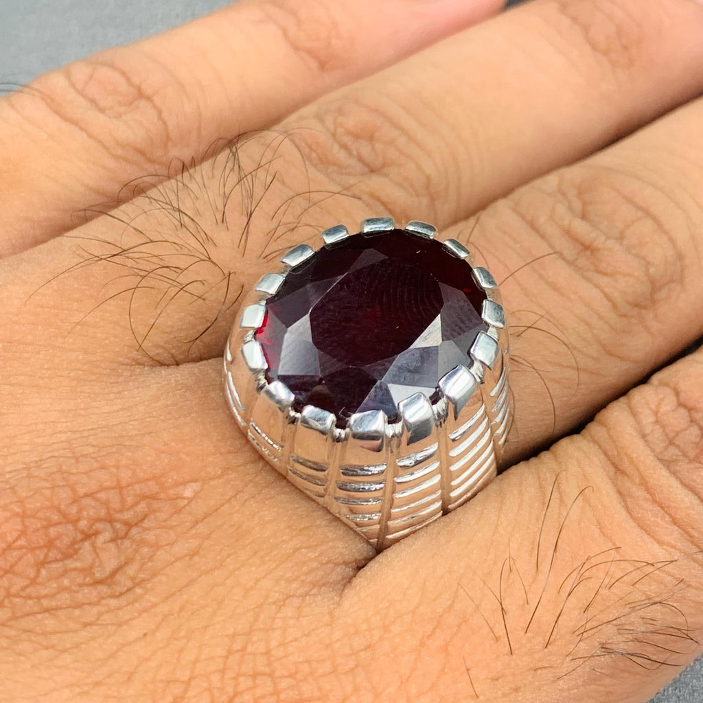 Handcrafted Mens Garnet Ring, Red Garnet 925 Sterling Silver Ring, Garnet Ring