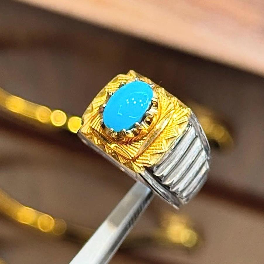 Handcrafted Men Turquoise Ring, 925 Sterling Silver For Men, Natural Feroza Ring, Shia Ring