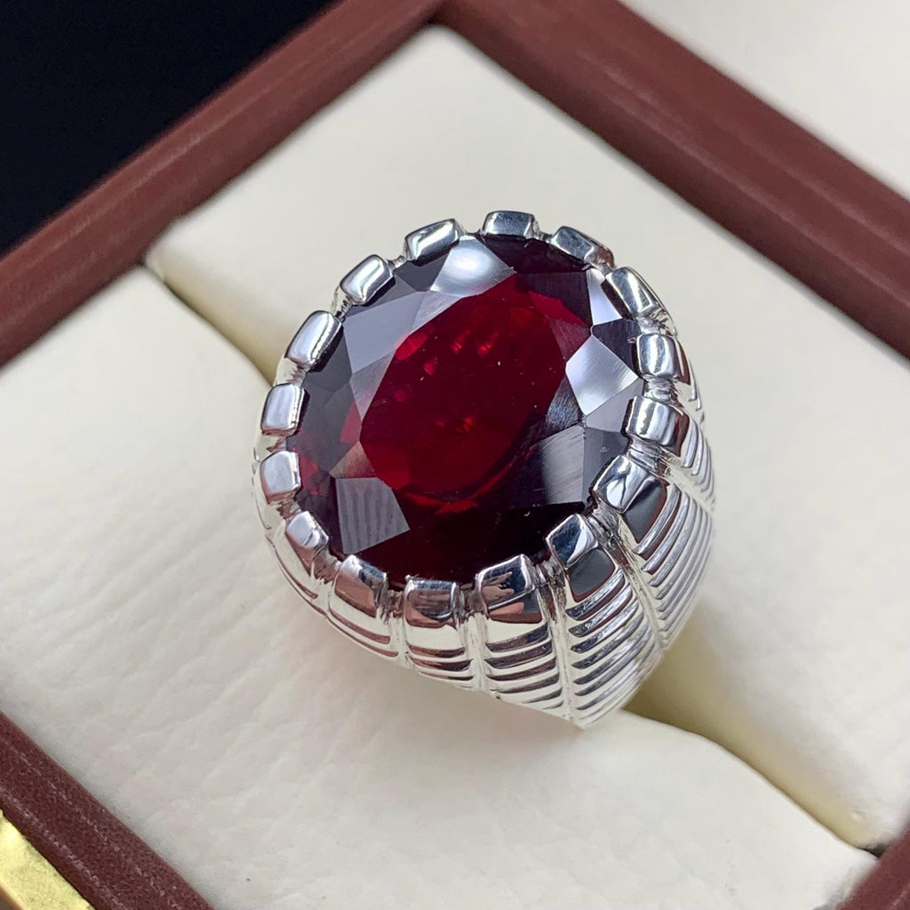 Handcrafted Mens Garnet Ring, Red Garnet 925 Sterling Silver Ring, Garnet Ring