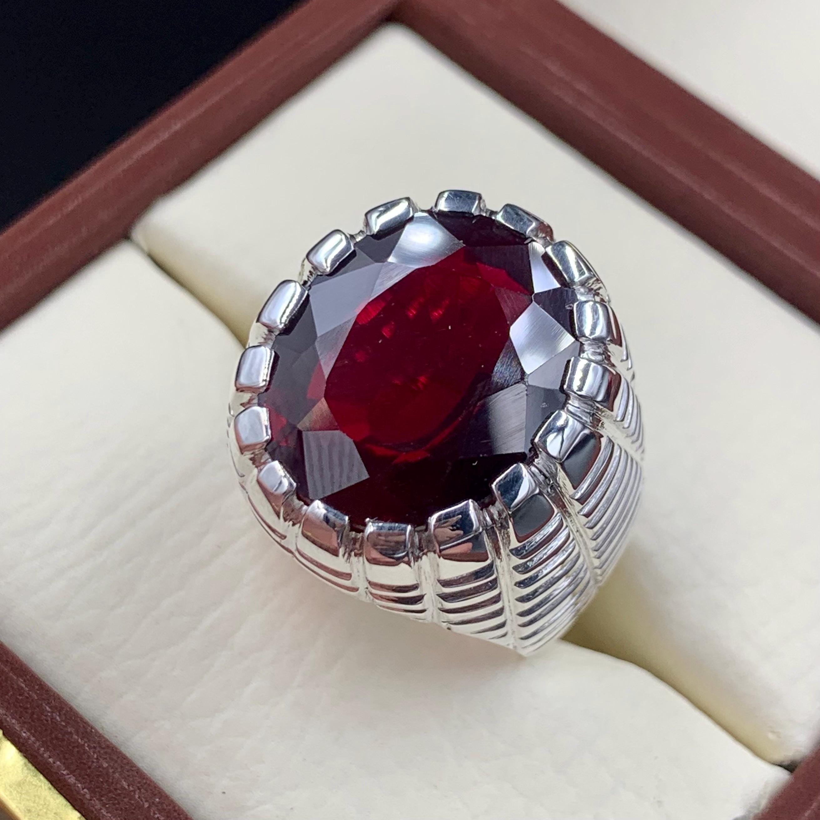 Handcrafted Mens Garnet Ring, Red Garnet 925 Sterling Silver Ring, Garnet Ring