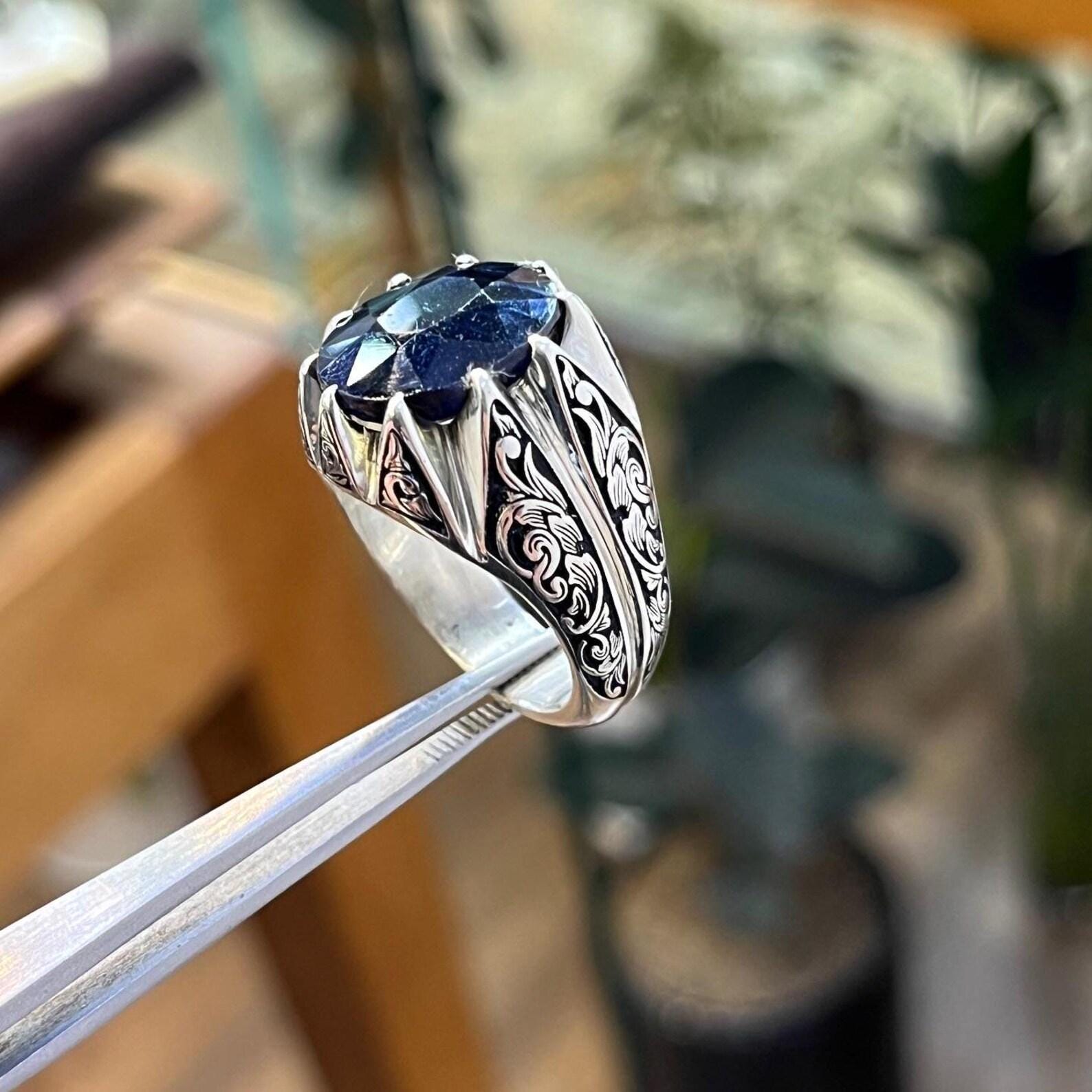 Handcrafted 10 Carats Sapphire Ring, Mens Sapphire Ring, Natural Sapphire 925 Sterling Silver Ring, Neelam Ring