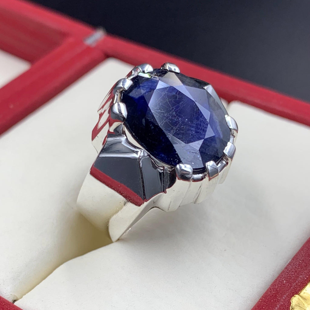 Handcrafted Big Blue Sapphire Ring, Mens Sapphire Ring, Natural Sapphire 925 Sterling Silver Ring, Neelam Ring