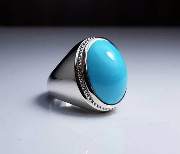 Handcrafted Big Turquoise Ring, 925 Sterling Silver For Men, Natural Feroza Ring, Shia Ring