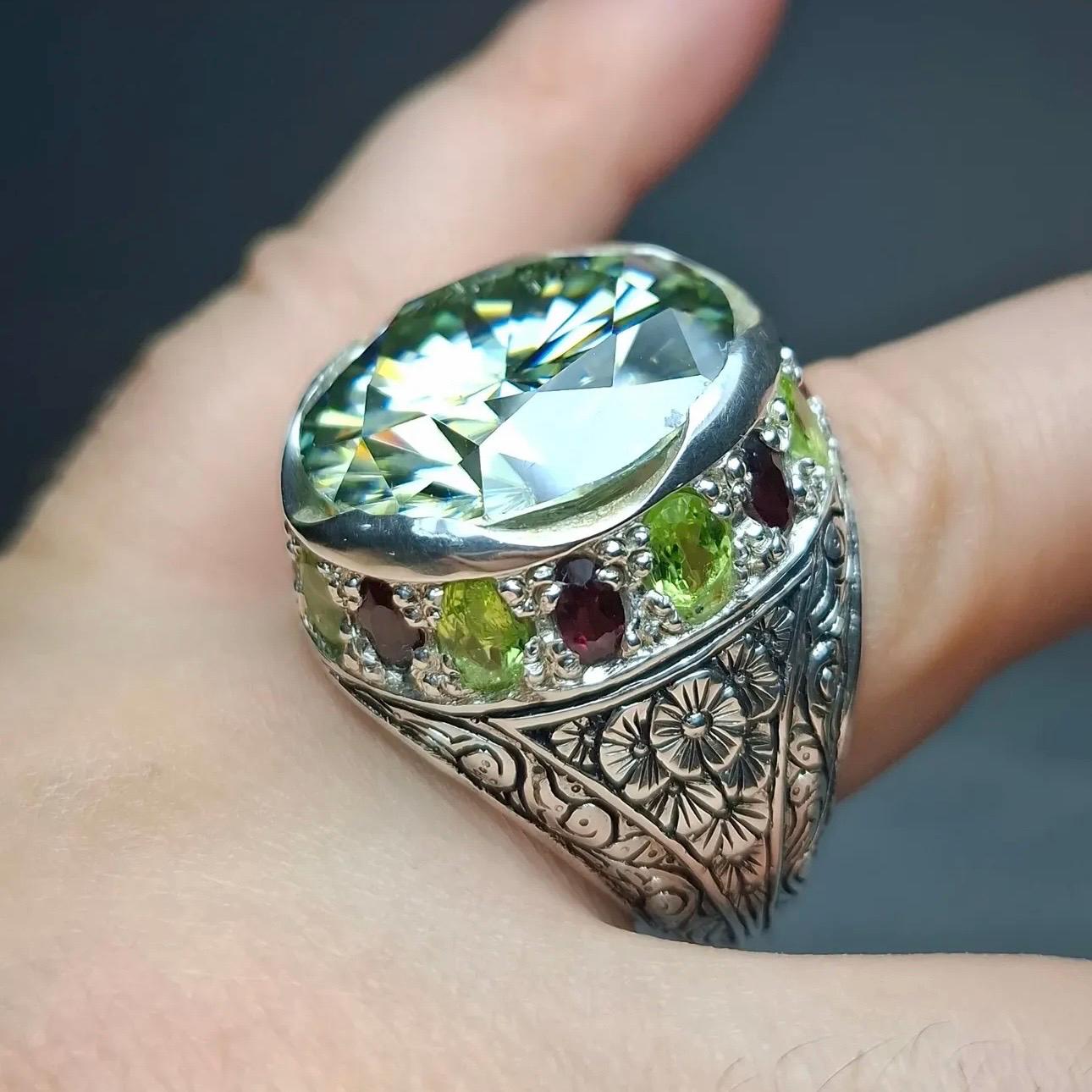 10 Carat Certified Moissanite Diamond Sterling Silver 925 Ring, Man Made Diamond Engagement Ring, Natural Peridot & Ruby