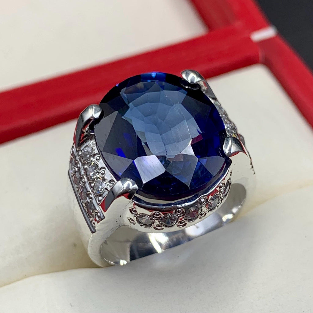 Handcrafted Big Blue Sapphire Ring, Mens Sapphire Ring, Sapphire 925 Sterling Silver Ring, Neelam Ring