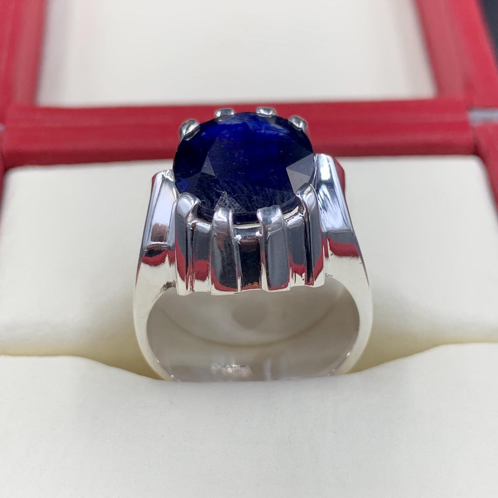 Handcrafted Big Blue Sapphire Ring, Mens Sapphire Ring, Natural Sapphire 925 Sterling Silver Ring, Neelam Ring