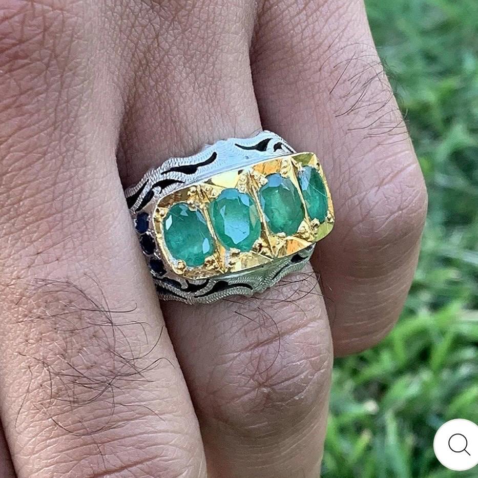 Handcrafted 4 Carats Mens Emerald Ring, Natural Emerald 925 Sterling Silver Ring, Zamurd Ring For Men