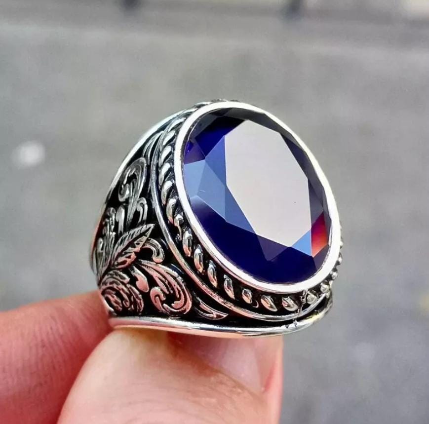 Handcrafted Mens Sapphire Ring, Big Blue Sapphire Ring, Natural Sapphire 925 Sterling Silver Ring, Neelam Ring