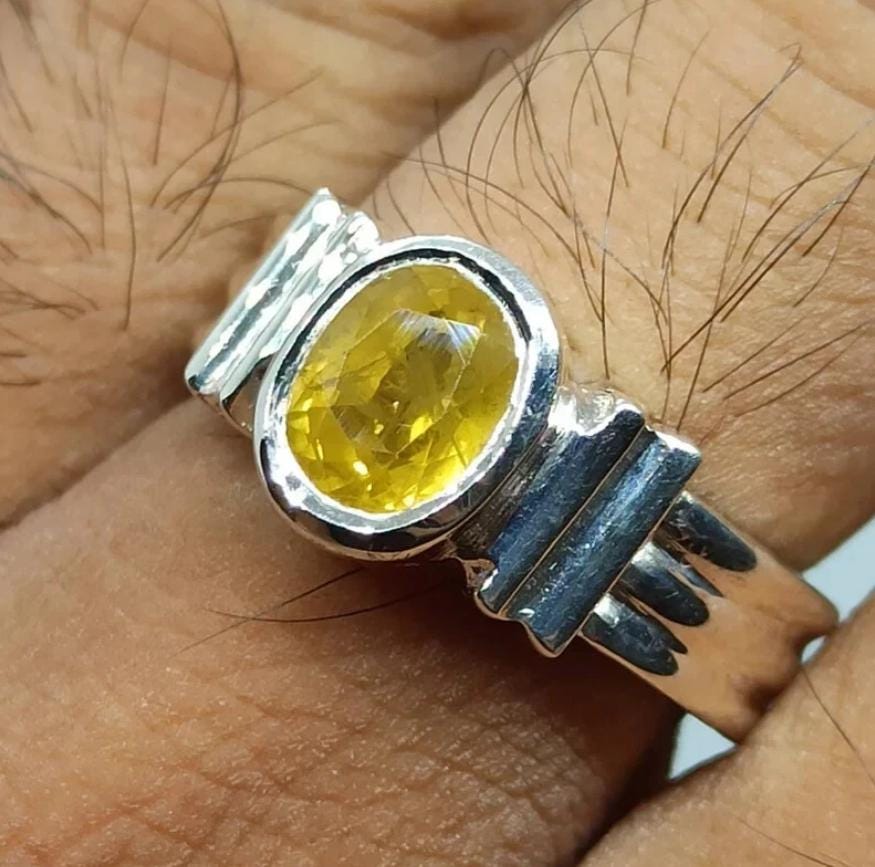 Handcrafted Mens Sapphire Ring, Yellow Sapphire Ring, Natural Sapphire 925 Sterling Silver Ring, Pukhraj Ring