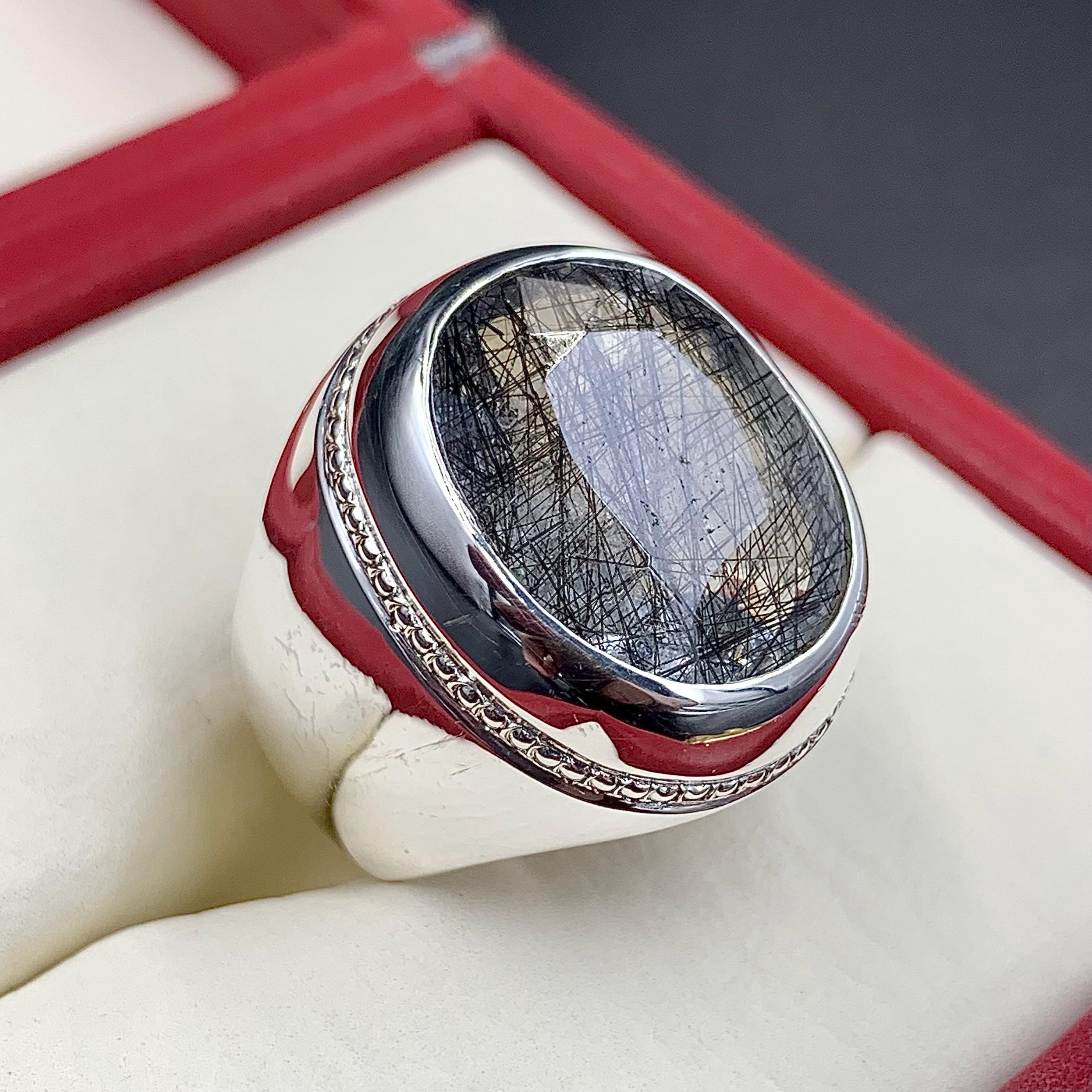 Handcrafted Big Black Rutilated Quartz 925 Sterling Silver Ring, Natural MuheNajaf Ring For Men, Shia Ring