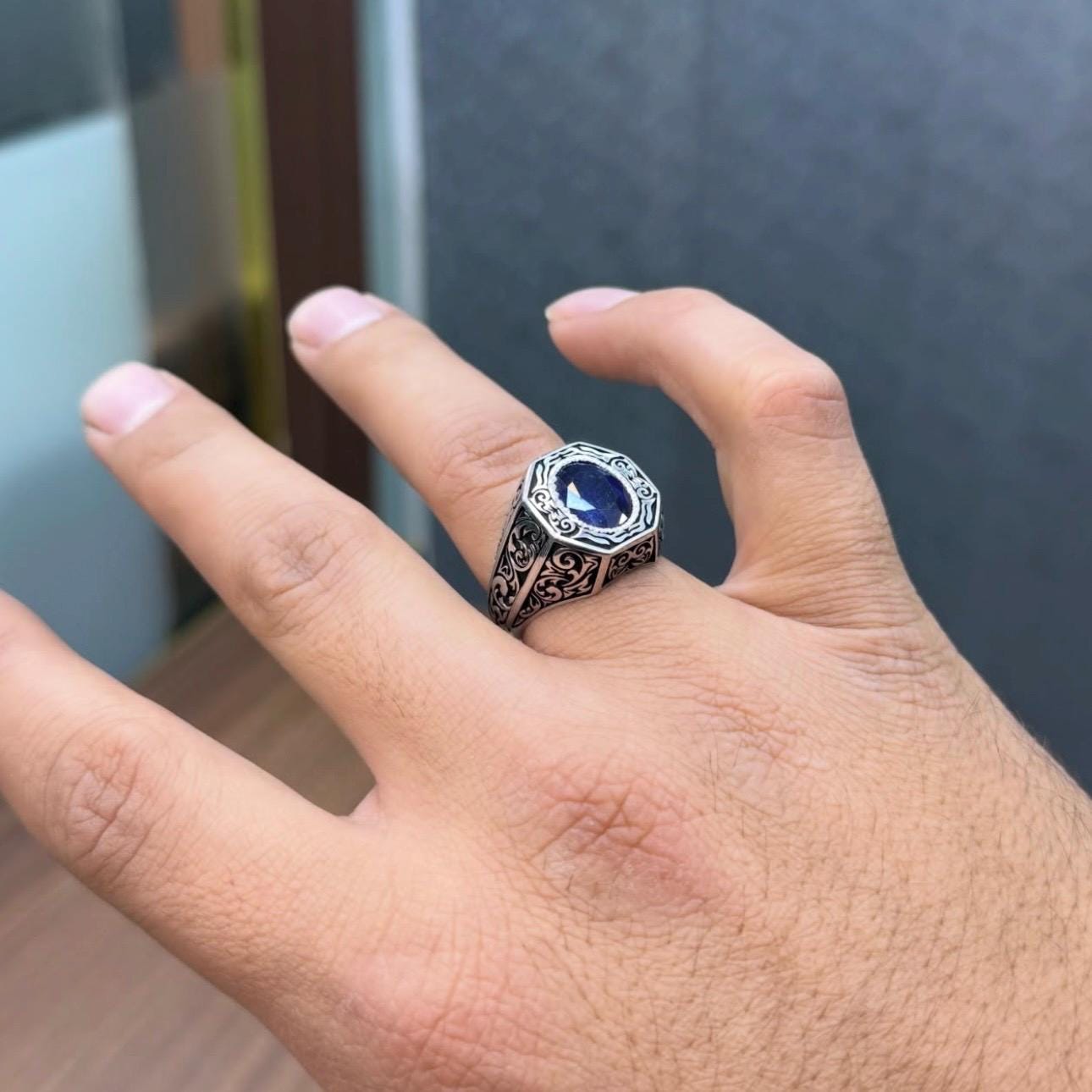 Handcrafted Blue Sapphire Ring, Mens Sapphire Ring, Sapphire 925 Sterling Silver Ring, Neelam Ring