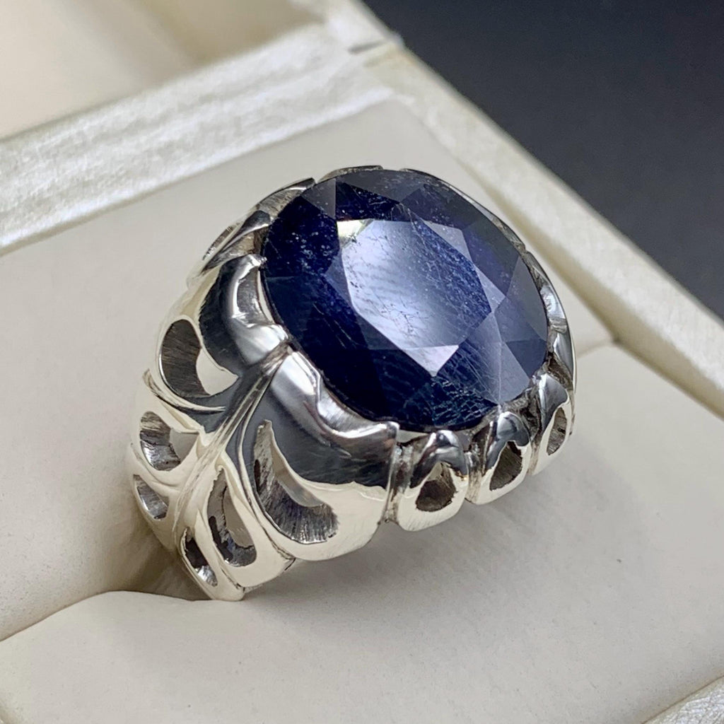 Handcrafted 15 Carats Blue Sapphire Ring, Mens Sapphire Ring, Natural Sapphire 925 Sterling Silver Ring, Neelam Ring