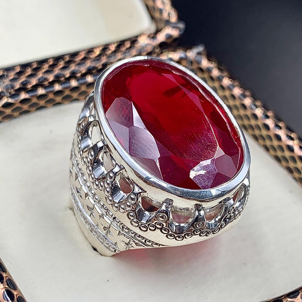 Handcrafted 40 Carats Deep Red Ruby Mens Ring Sterling Silver 925 Anari Yaqoot Ring Ruby Gemstone Ring