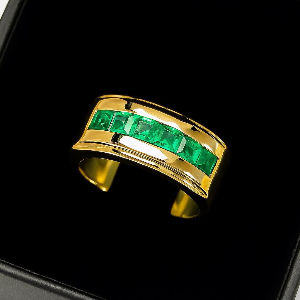 Handcrafted Genuine Green Emerald Men's Ring, Gold Plated 925 Sterling Silver Ring, Statement Ring, Gift For Christmas